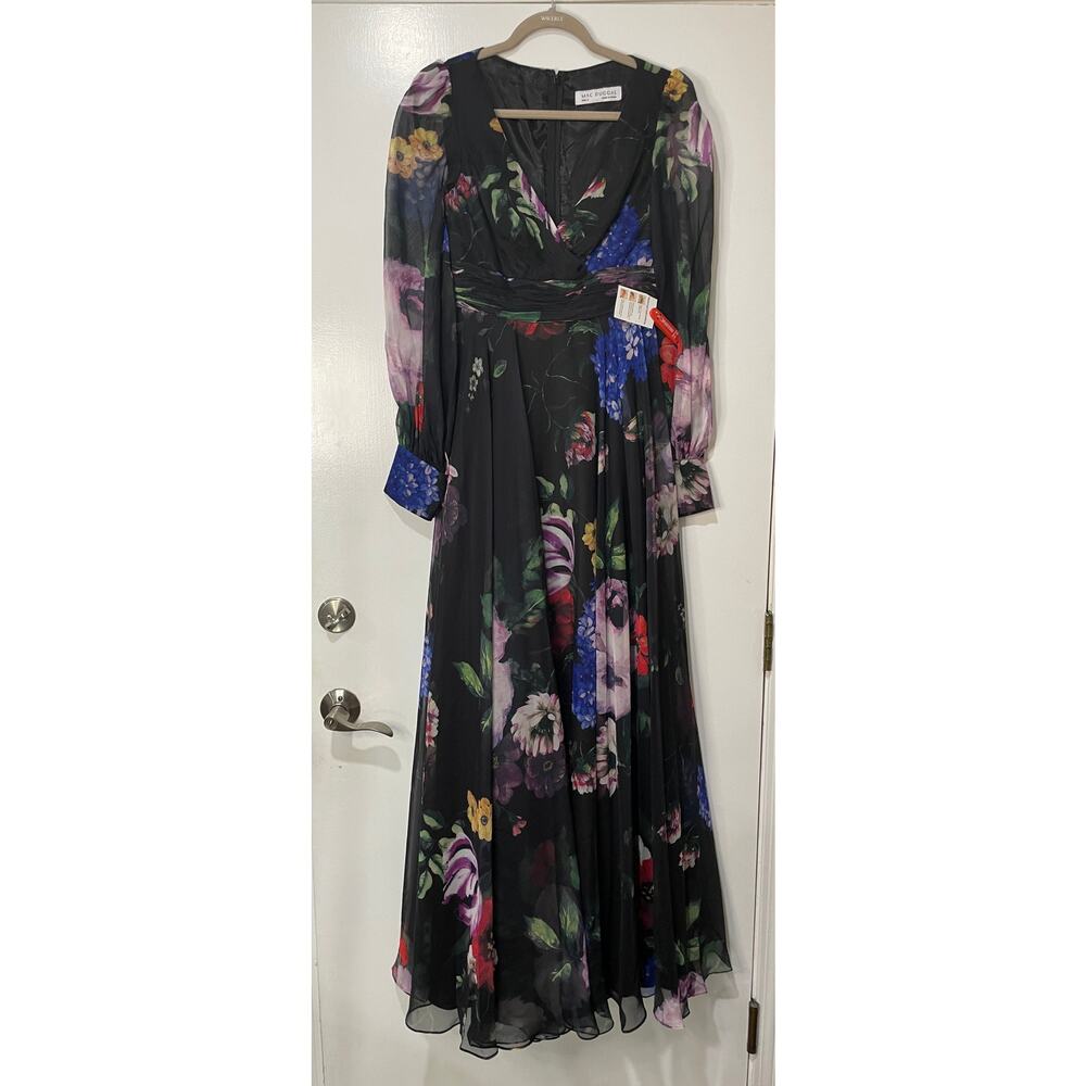 Mac Duggal Long Sleeve Floral Chiffon Gown Black Print 67872 Sz 2 NWT Romantic - Picture 2 of 16